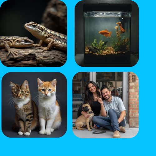lizard, goldfish, a woman and man with a dog, and two cats